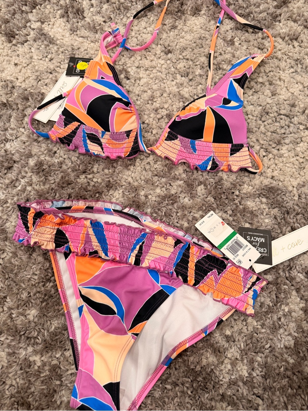 Macy's Pink Orange Blue Abstract Ruffle Bikini Set - Picture 9 of 9